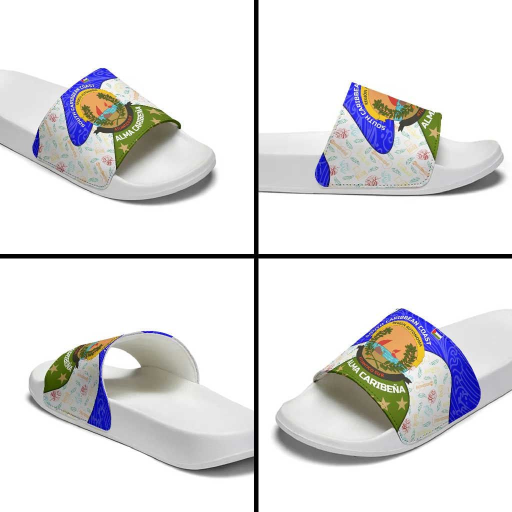 Nicaragua South Caribbean Coast Slide Sandals with Regional Seal and Ocean Shell Pattern Alma Caribeña Design - Wonder Print Shop