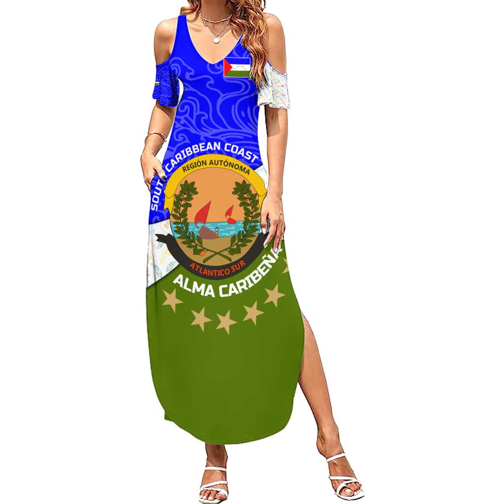 Nicaragua South Caribbean Coast Summer Maxi Dress with Regional Seal and Ocean Shell Pattern Alma Caribeña Design - Wonder Print Shop