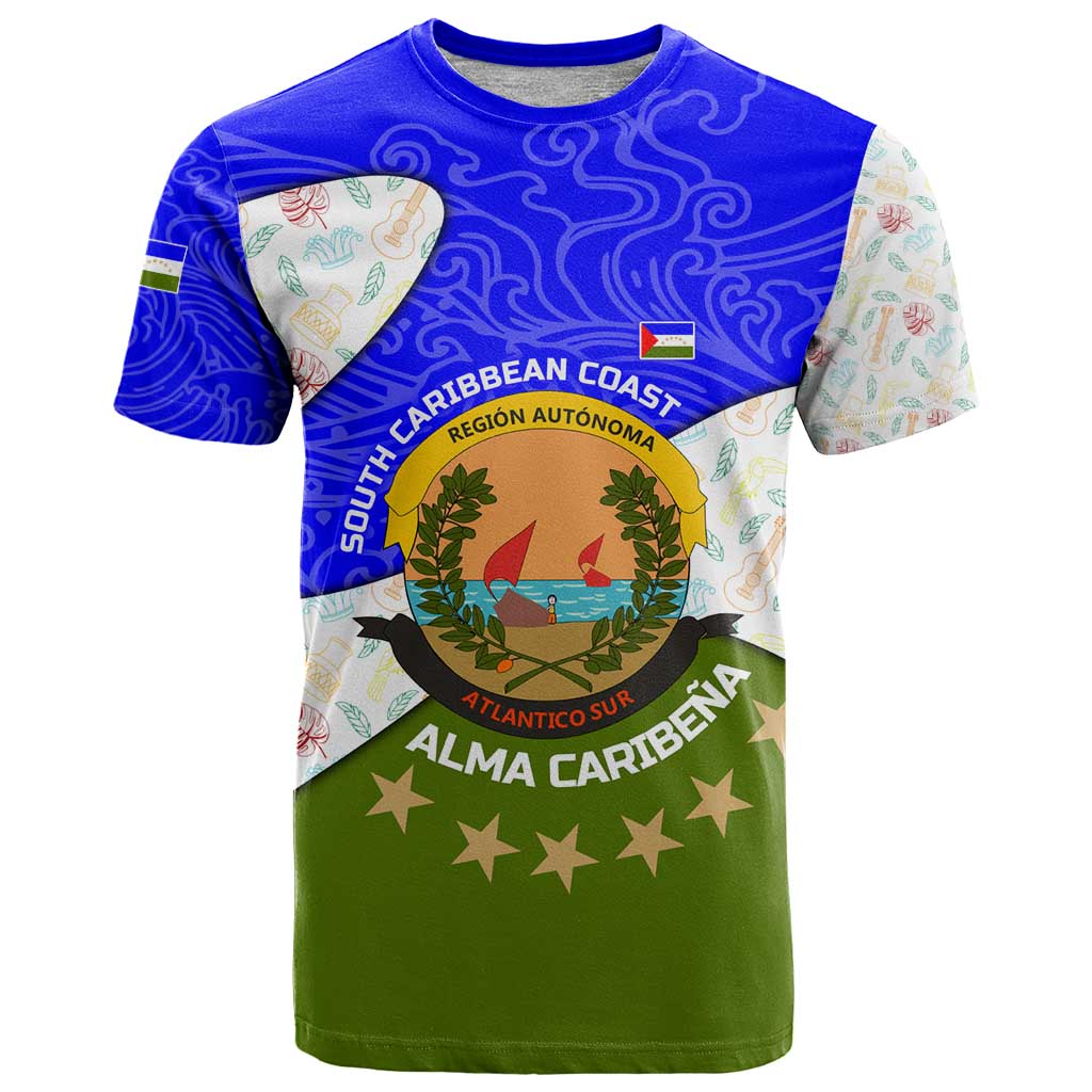 Nicaragua South Caribbean Coast T Shirt with Regional Seal and Ocean Shell Pattern Alma Caribeña Design - Wonder Print Shop