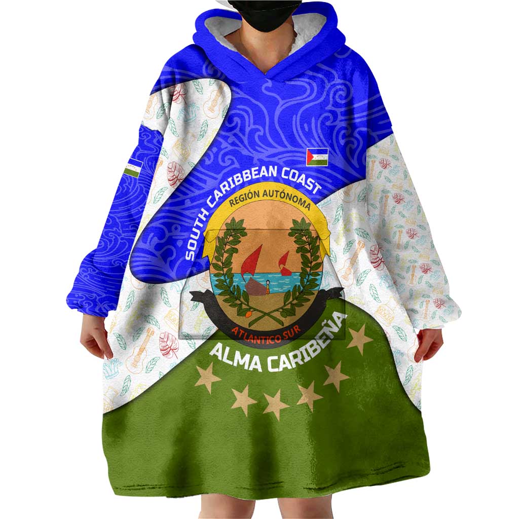 Nicaragua South Caribbean Coast Wearable Blanket Hoodie with Regional Seal and Ocean Shell Pattern Alma Caribeña Design - Wonder Print Shop