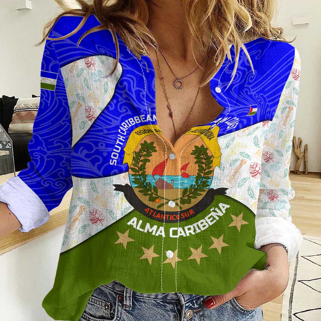 Nicaragua South Caribbean Coast Women Casual Shirt with Regional Seal and Ocean Shell Pattern Alma Caribeña Design - Wonder Print Shop