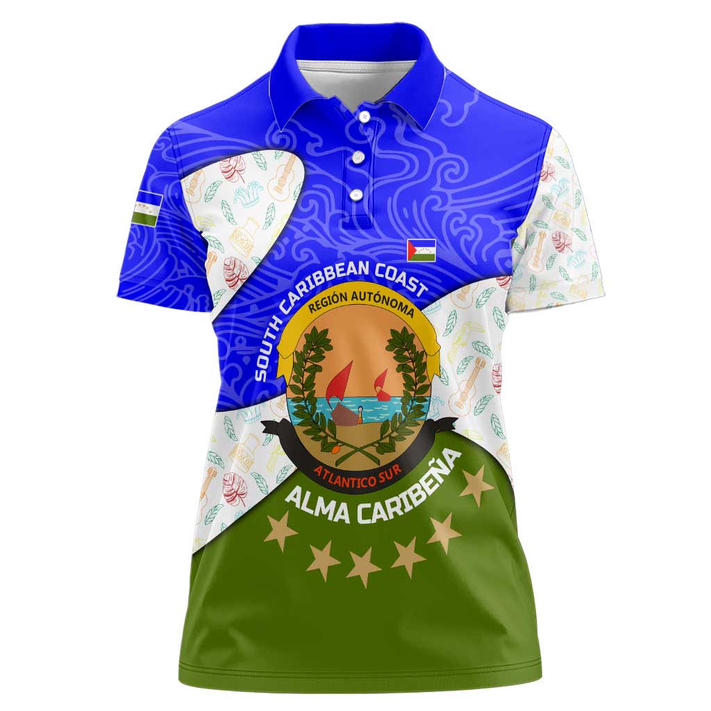 Nicaragua South Caribbean Coast Women Polo Shirt with Regional Seal and Ocean Shell Pattern Alma Caribeña Design - Wonder Print Shop