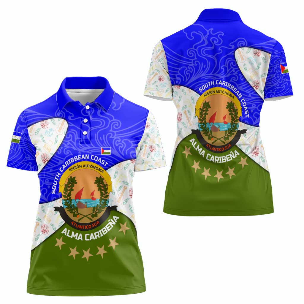 Nicaragua South Caribbean Coast Women Polo Shirt with Regional Seal and Ocean Shell Pattern Alma Caribeña Design - Wonder Print Shop