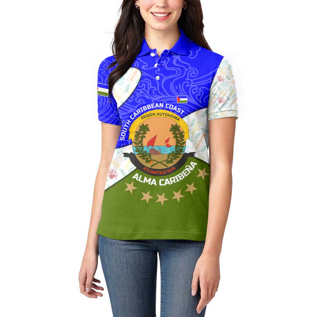 Nicaragua South Caribbean Coast Women Polo Shirt with Regional Seal and Ocean Shell Pattern Alma Caribeña Design - Wonder Print Shop