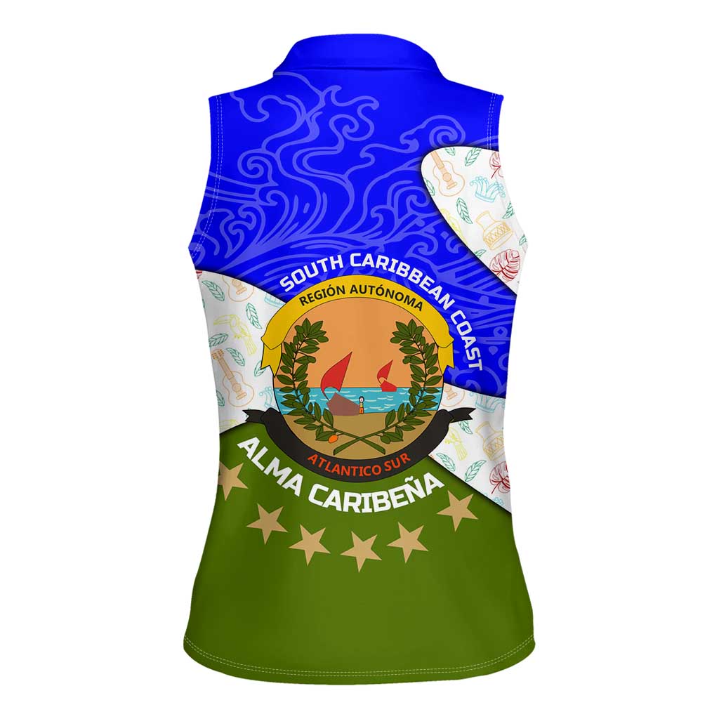 Nicaragua South Caribbean Coast Women Sleeveless Polo Shirt with Regional Seal and Ocean Shell Pattern Alma Caribeña Design - Wonder Print Shop