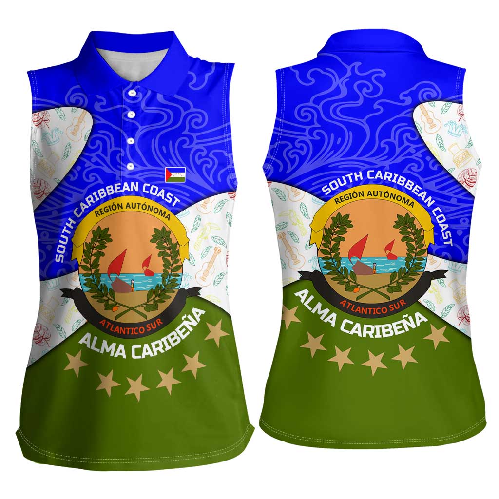 Nicaragua South Caribbean Coast Women Sleeveless Polo Shirt with Regional Seal and Ocean Shell Pattern Alma Caribeña Design - Wonder Print Shop