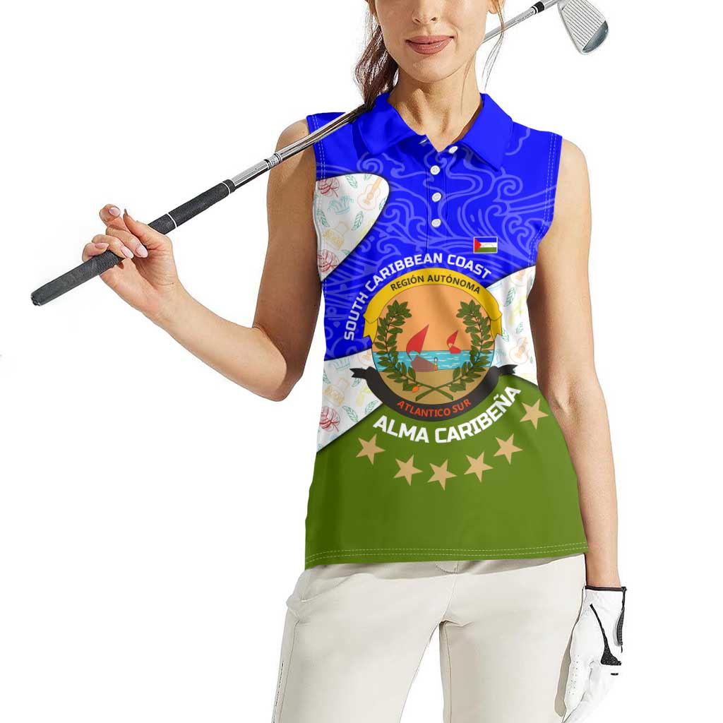 Nicaragua South Caribbean Coast Women Sleeveless Polo Shirt with Regional Seal and Ocean Shell Pattern Alma Caribeña Design - Wonder Print Shop