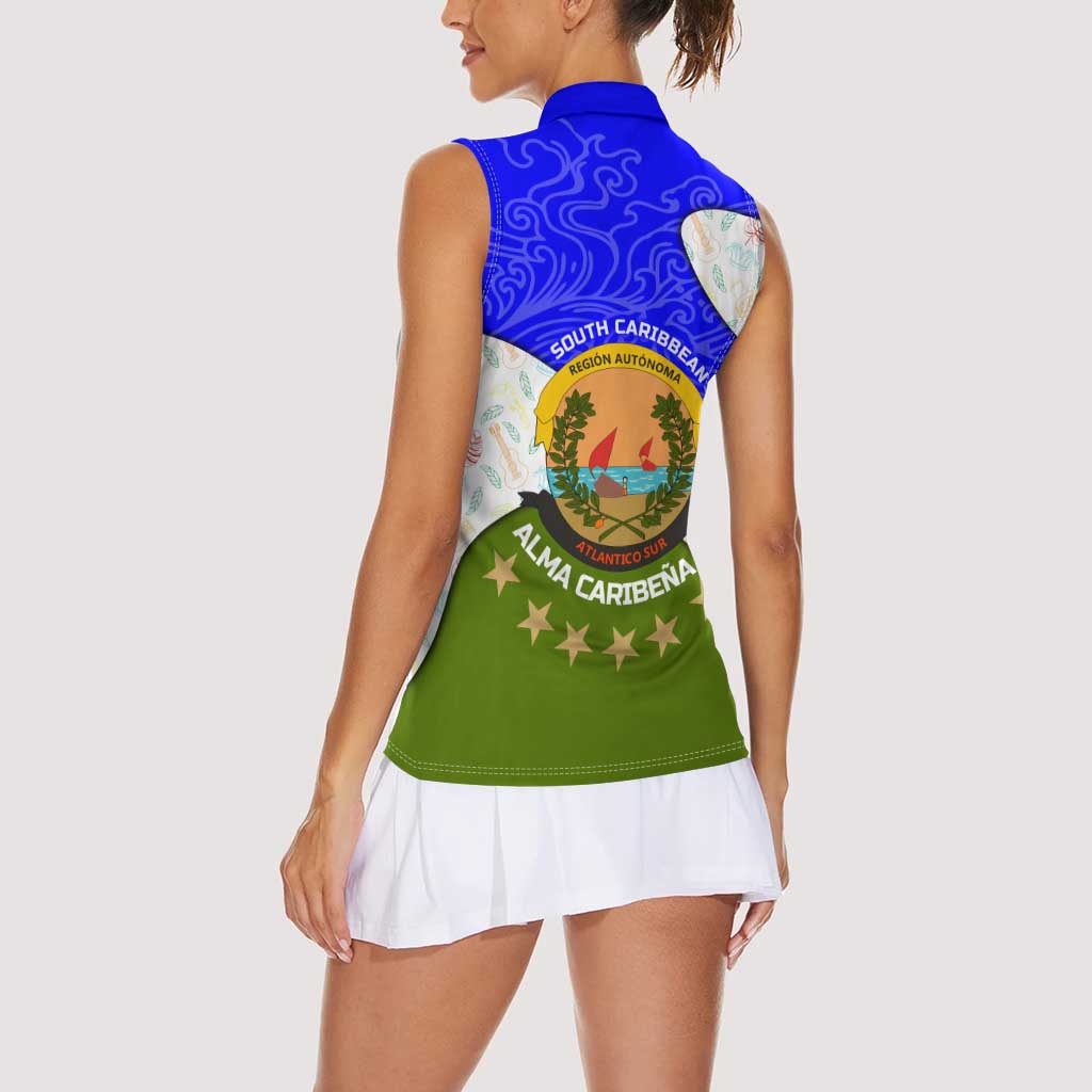 Nicaragua South Caribbean Coast Women Sleeveless Polo Shirt with Regional Seal and Ocean Shell Pattern Alma Caribeña Design - Wonder Print Shop