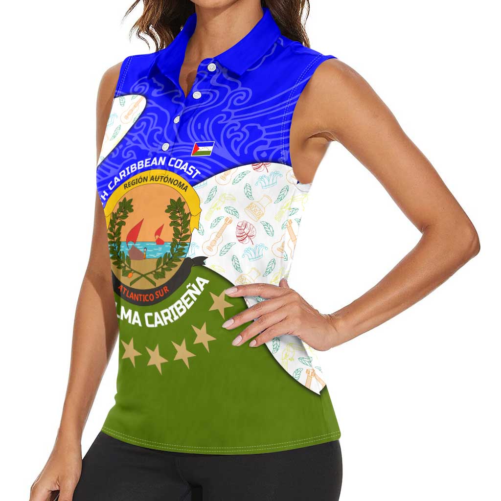 Nicaragua South Caribbean Coast Women Sleeveless Polo Shirt with Regional Seal and Ocean Shell Pattern Alma Caribeña Design - Wonder Print Shop