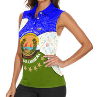 Nicaragua South Caribbean Coast Women Sleeveless Polo Shirt with Regional Seal and Ocean Shell Pattern Alma Caribeña Design - Wonder Print Shop