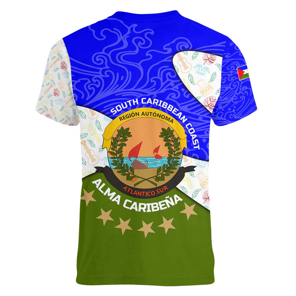 Nicaragua South Caribbean Coast Women V-Neck T-Shirt with Regional Seal and Ocean Shell Pattern Alma Caribeña Design - Wonder Print Shop