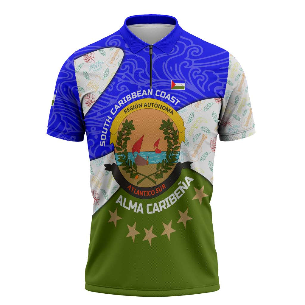 Nicaragua South Caribbean Coast Zipper Polo Shirt with Regional Seal and Ocean Shell Pattern Alma Caribeña Design - Wonder Print Shop