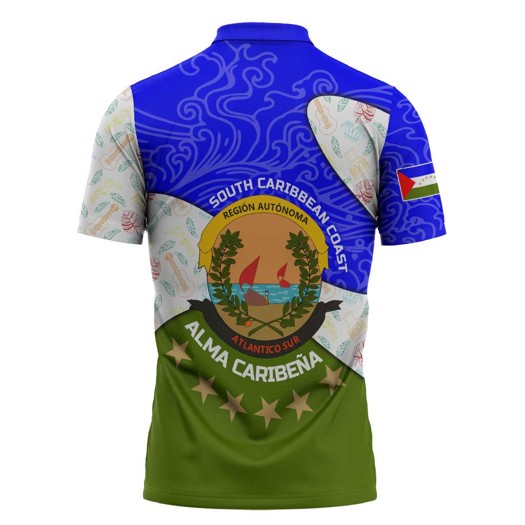 Nicaragua South Caribbean Coast Zipper Polo Shirt with Regional Seal and Ocean Shell Pattern Alma Caribeña Design - Wonder Print Shop