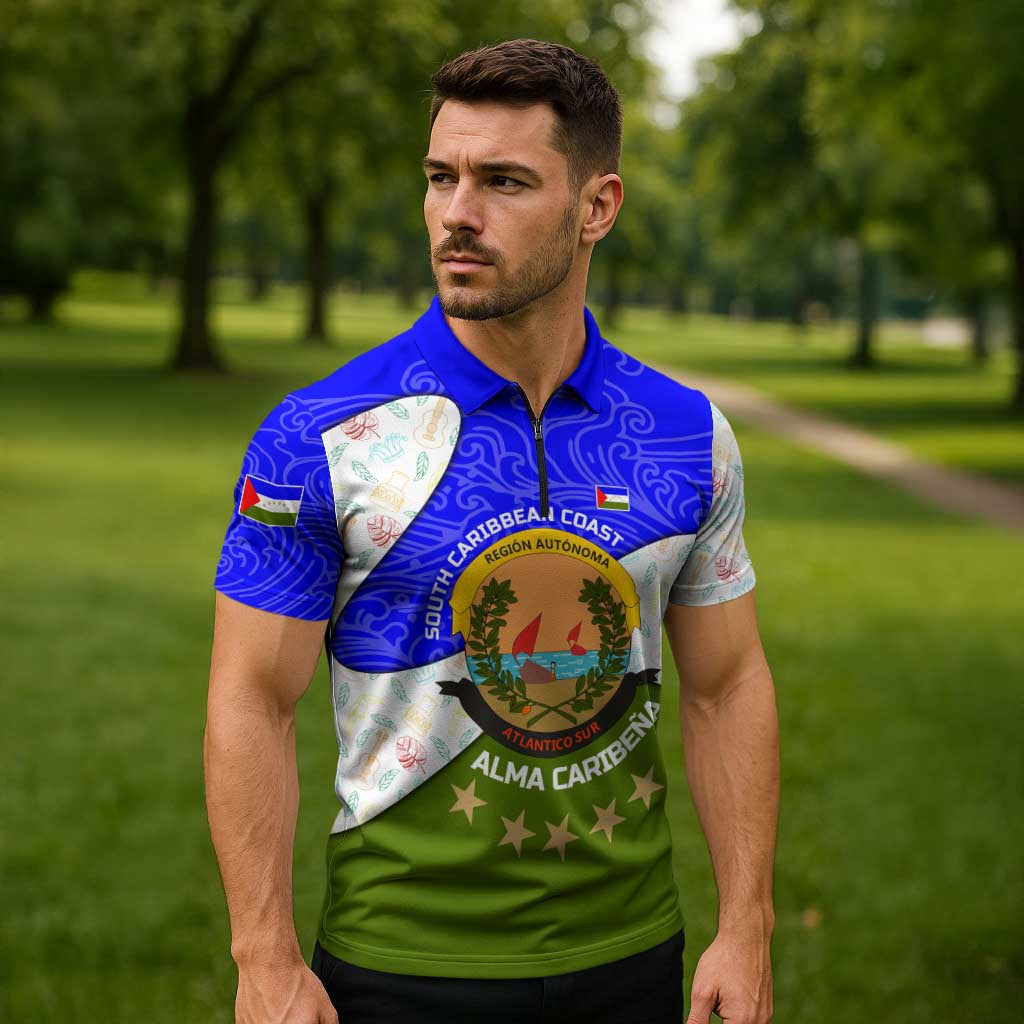 Nicaragua South Caribbean Coast Zipper Polo Shirt with Regional Seal and Ocean Shell Pattern Alma Caribeña Design - Wonder Print Shop