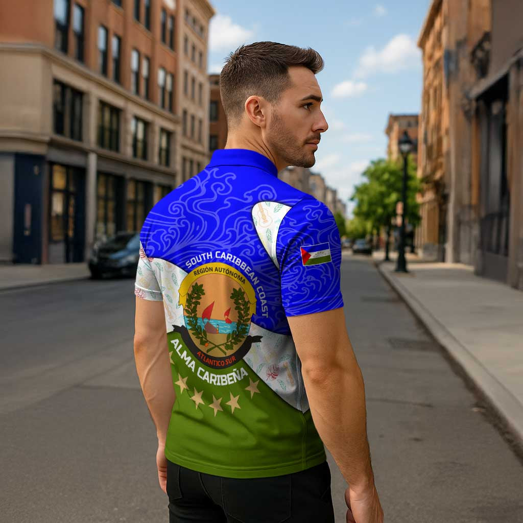 Nicaragua South Caribbean Coast Zipper Polo Shirt with Regional Seal and Ocean Shell Pattern Alma Caribeña Design - Wonder Print Shop