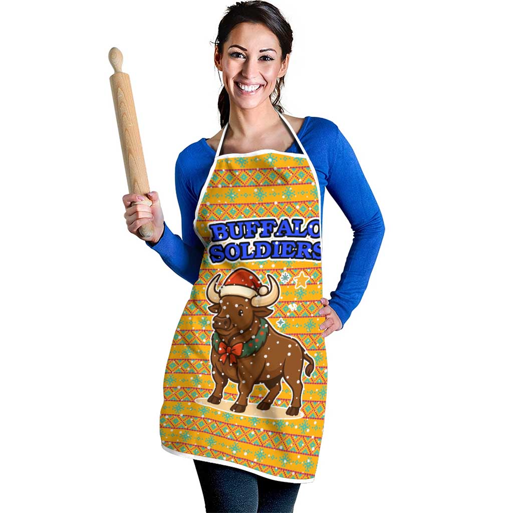Buffalo Soldiers Christmas Apron with Yellow Cartoon Buffalo Santa Hat Design - Wonder Print Shop