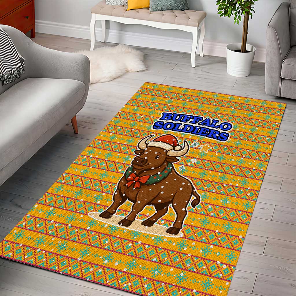 Buffalo Soldiers Christmas Area Rug with Yellow Cartoon Buffalo Santa Hat Design - Wonder Print Shop