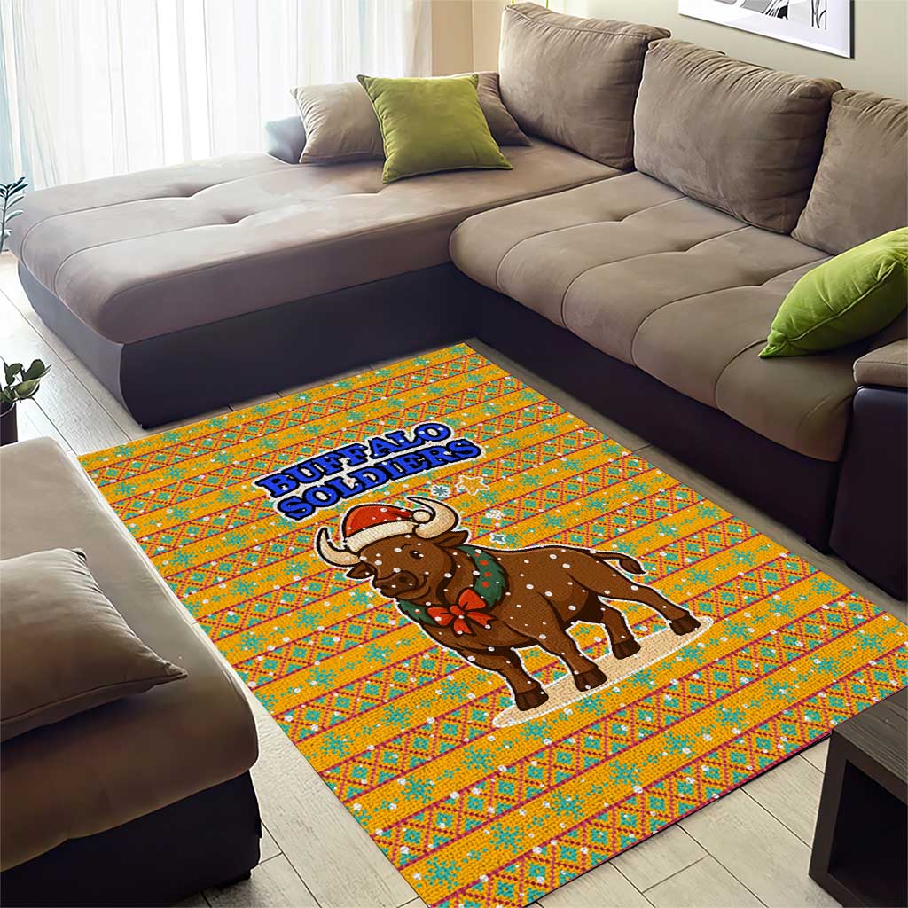 Buffalo Soldiers Christmas Area Rug with Yellow Cartoon Buffalo Santa Hat Design - Wonder Print Shop