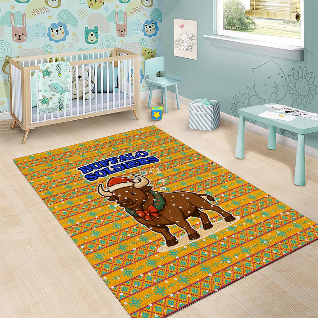 Buffalo Soldiers Christmas Area Rug with Yellow Cartoon Buffalo Santa Hat Design - Wonder Print Shop