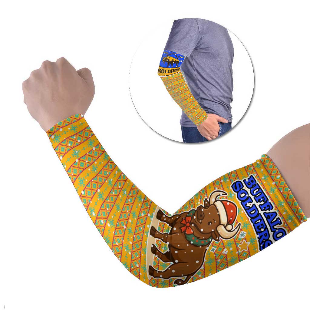 Buffalo Soldiers Christmas Arm Sleeves with Yellow Cartoon Buffalo Santa Hat Design - Wonder Print Shop