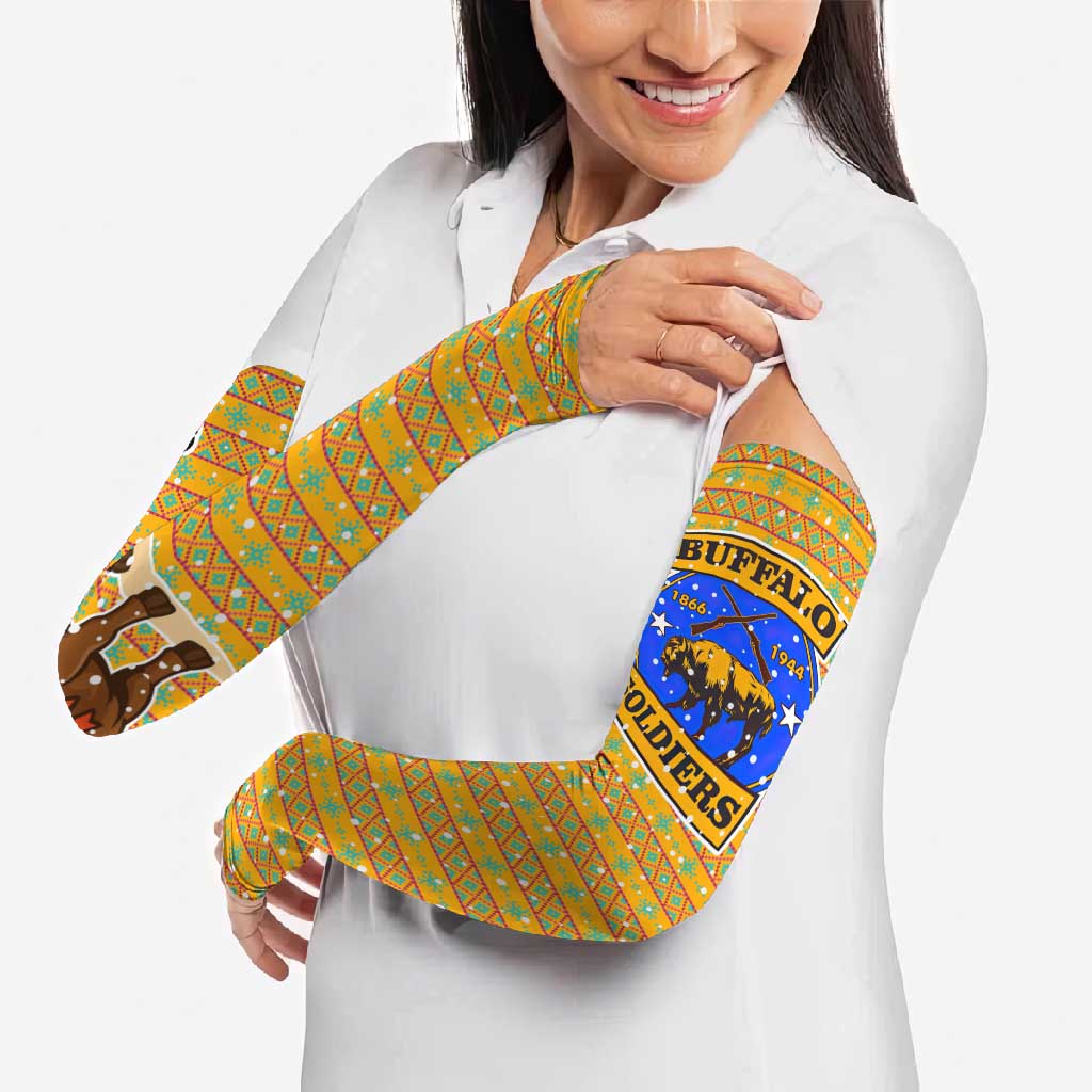 Buffalo Soldiers Christmas Arm Sleeves with Yellow Cartoon Buffalo Santa Hat Design - Wonder Print Shop