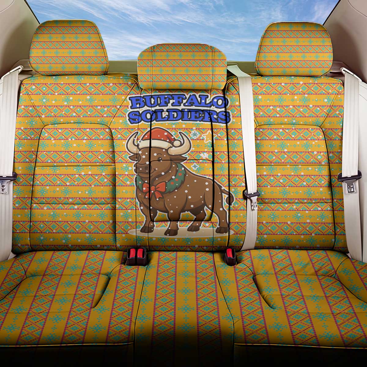 Buffalo Soldiers Christmas Back Car Seat Cover with Yellow Cartoon Buffalo Santa Hat Design - Wonder Print Shop