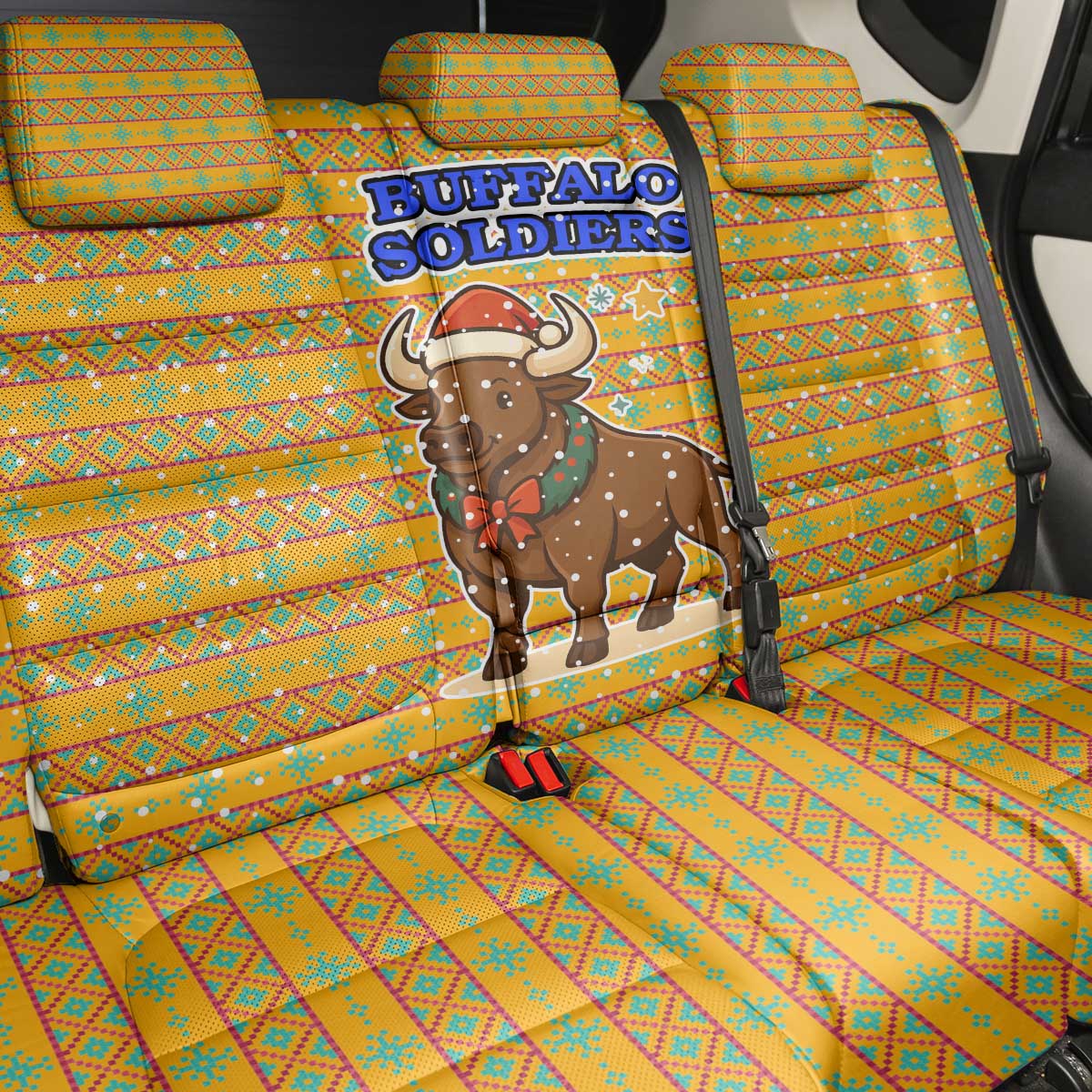 Buffalo Soldiers Christmas Back Car Seat Cover with Yellow Cartoon Buffalo Santa Hat Design - Wonder Print Shop