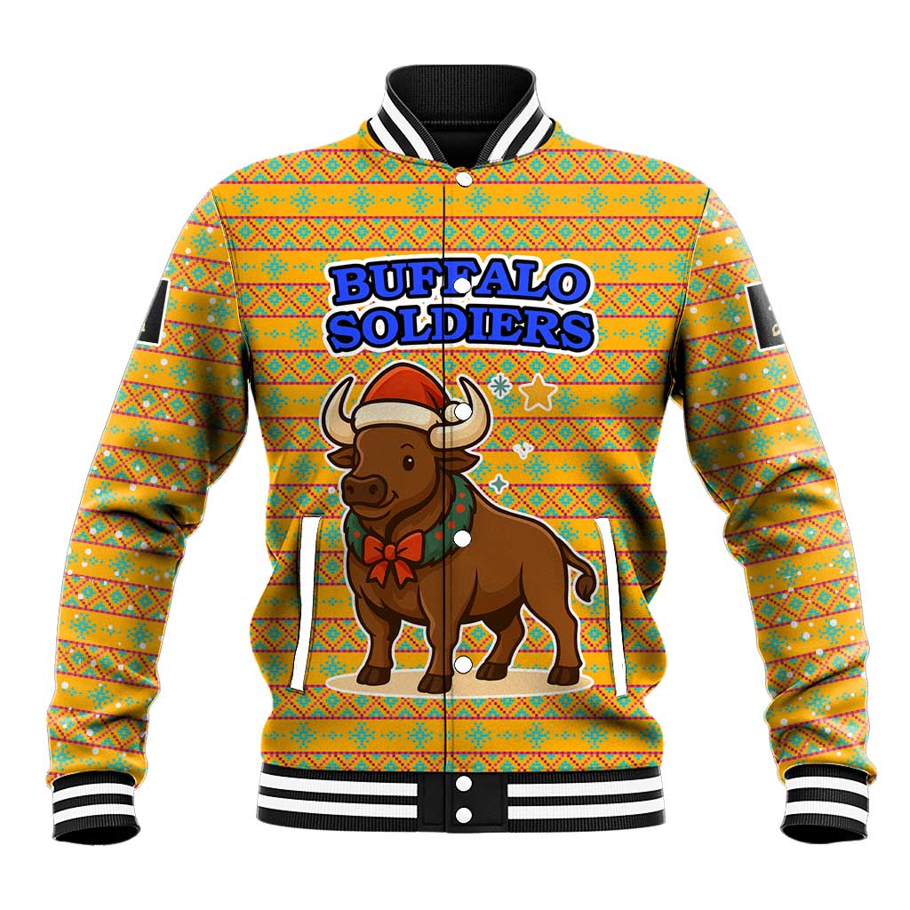 Buffalo Soldiers Christmas Baseball Jacket with Yellow Cartoon Buffalo Santa Hat Design - Wonder Print Shop