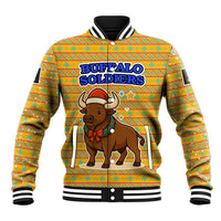 Buffalo Soldiers Christmas Baseball Jacket with Yellow Cartoon Buffalo Santa Hat Design - Wonder Print Shop