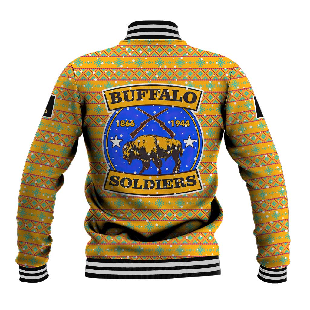 Buffalo Soldiers Christmas Baseball Jacket with Yellow Cartoon Buffalo Santa Hat Design - Wonder Print Shop