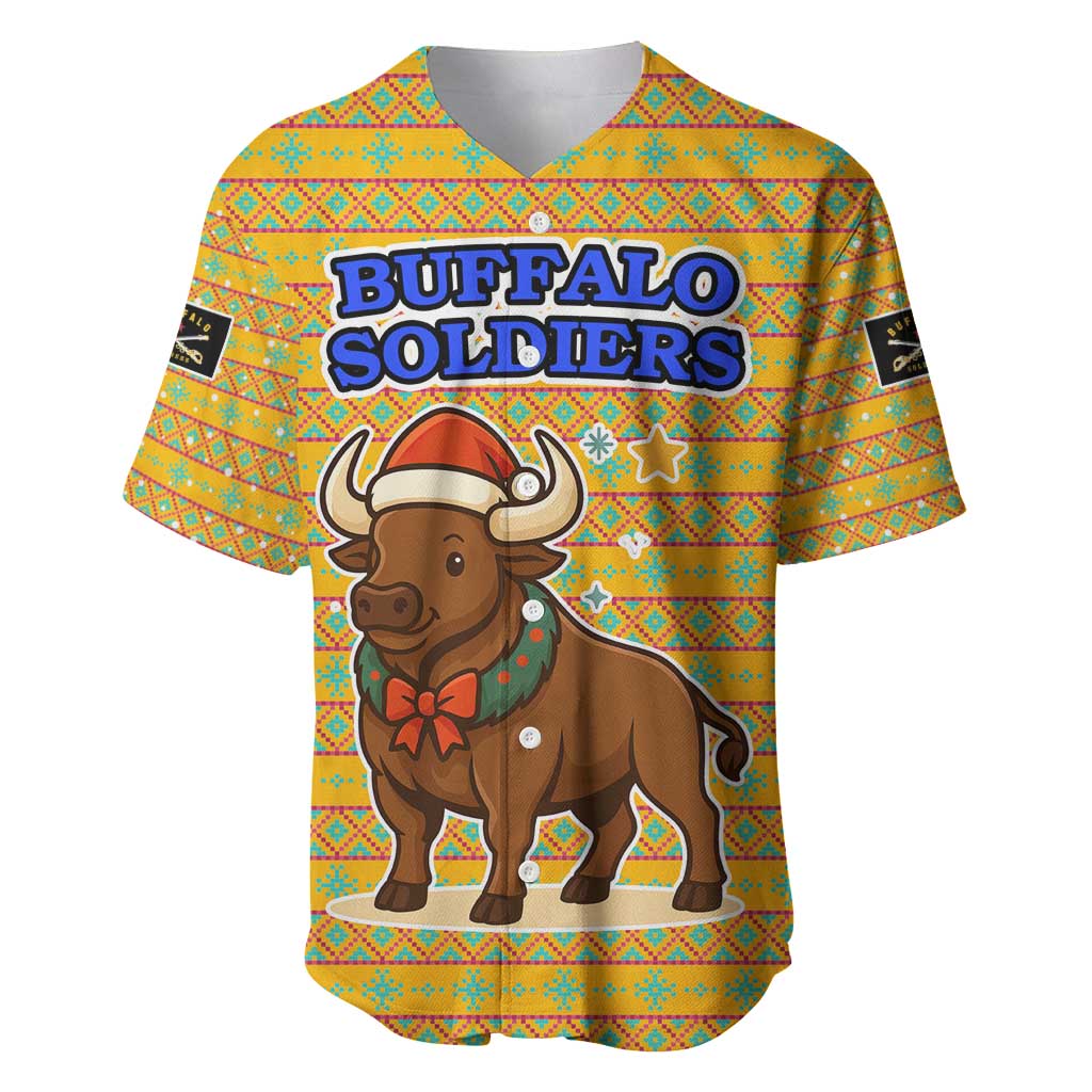 Buffalo Soldiers Christmas Baseball Jersey with Yellow Cartoon Buffalo Santa Hat Design - Wonder Print Shop
