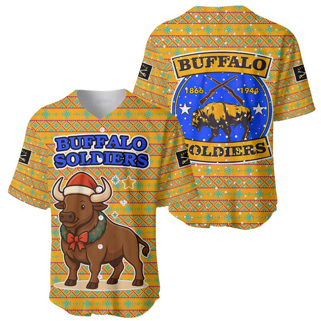 Buffalo Soldiers Christmas Baseball Jersey with Yellow Cartoon Buffalo Santa Hat Design - Wonder Print Shop