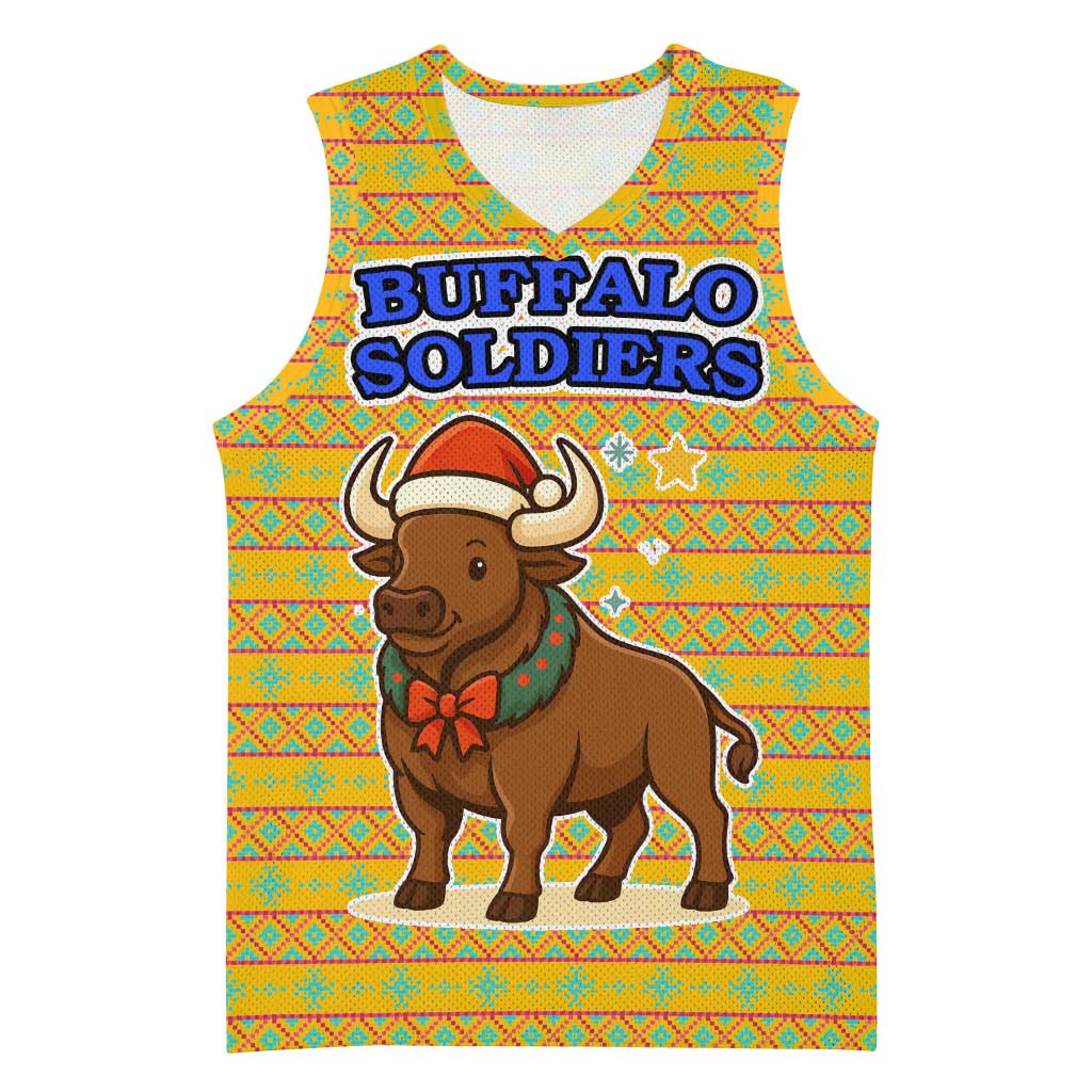 Buffalo Soldiers Christmas Basketball Jersey with Yellow Cartoon Buffalo Santa Hat Design - Wonder Print Shop