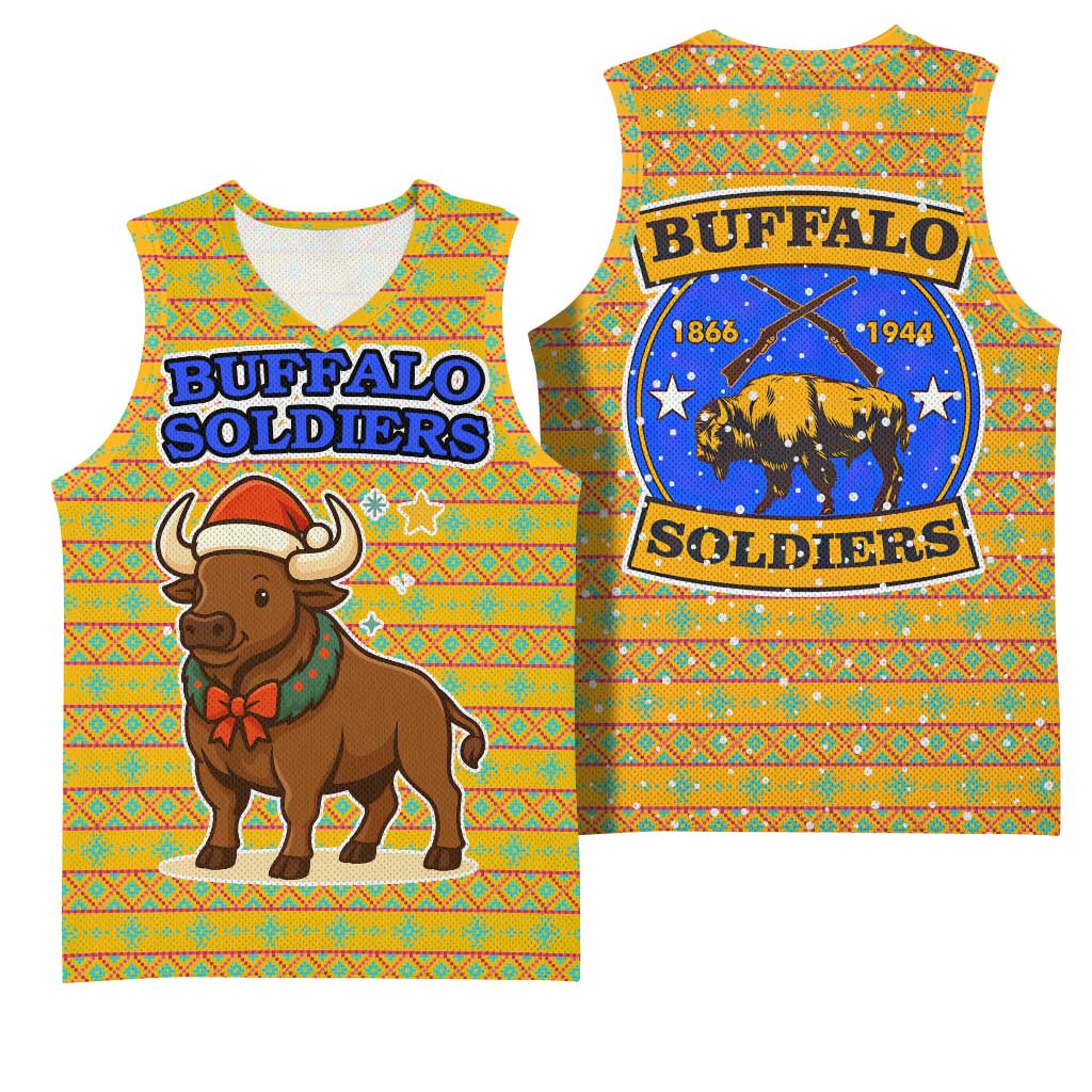 Buffalo Soldiers Christmas Basketball Jersey with Yellow Cartoon Buffalo Santa Hat Design - Wonder Print Shop