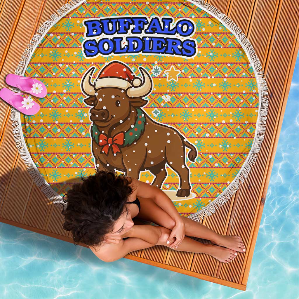 Buffalo Soldiers Christmas Beach Blanket with Yellow Cartoon Buffalo Santa Hat Design - Wonder Print Shop