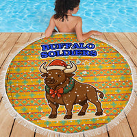 Buffalo Soldiers Christmas Beach Blanket with Yellow Cartoon Buffalo Santa Hat Design - Wonder Print Shop