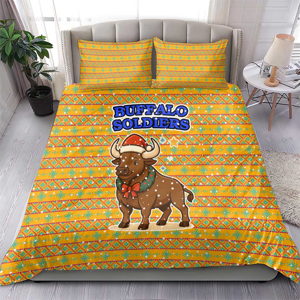 Buffalo Soldiers Christmas Bedding Set with Yellow Cartoon Buffalo Santa Hat Design - Wonder Print Shop