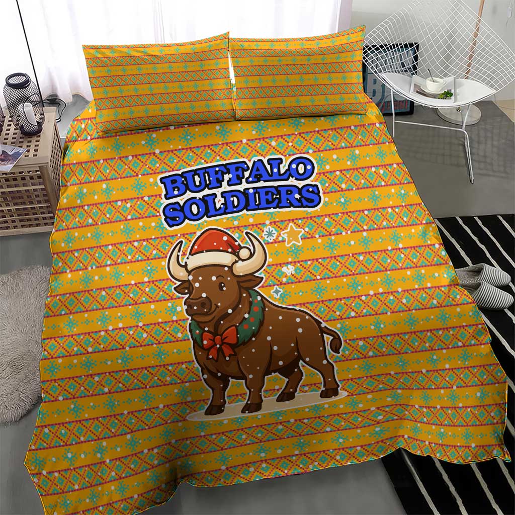 Buffalo Soldiers Christmas Bedding Set with Yellow Cartoon Buffalo Santa Hat Design - Wonder Print Shop