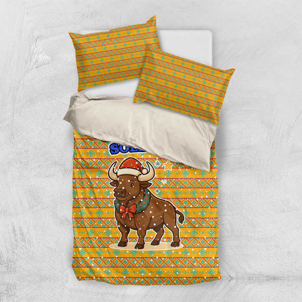 Buffalo Soldiers Christmas Bedding Set with Yellow Cartoon Buffalo Santa Hat Design - Wonder Print Shop