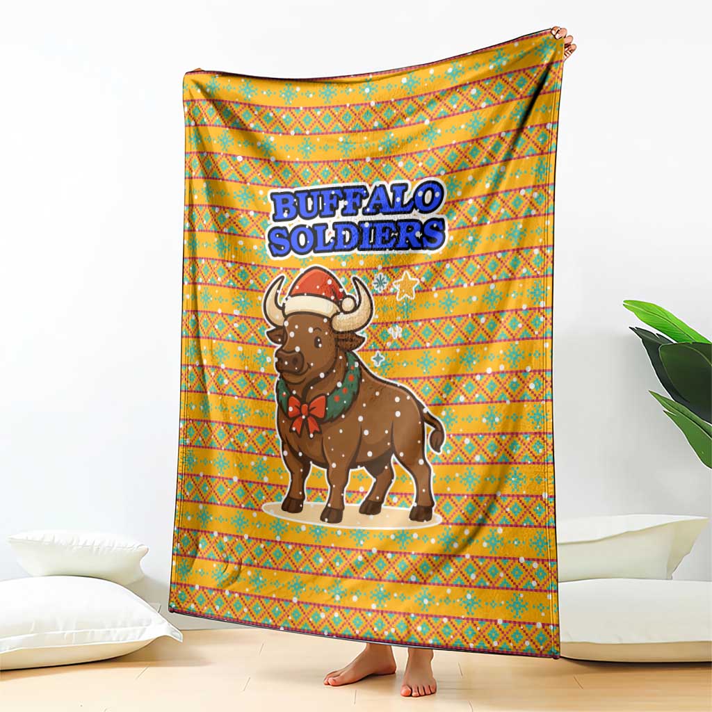 Buffalo Soldiers Christmas Blanket with Yellow Cartoon Buffalo Santa Hat Design - Wonder Print Shop