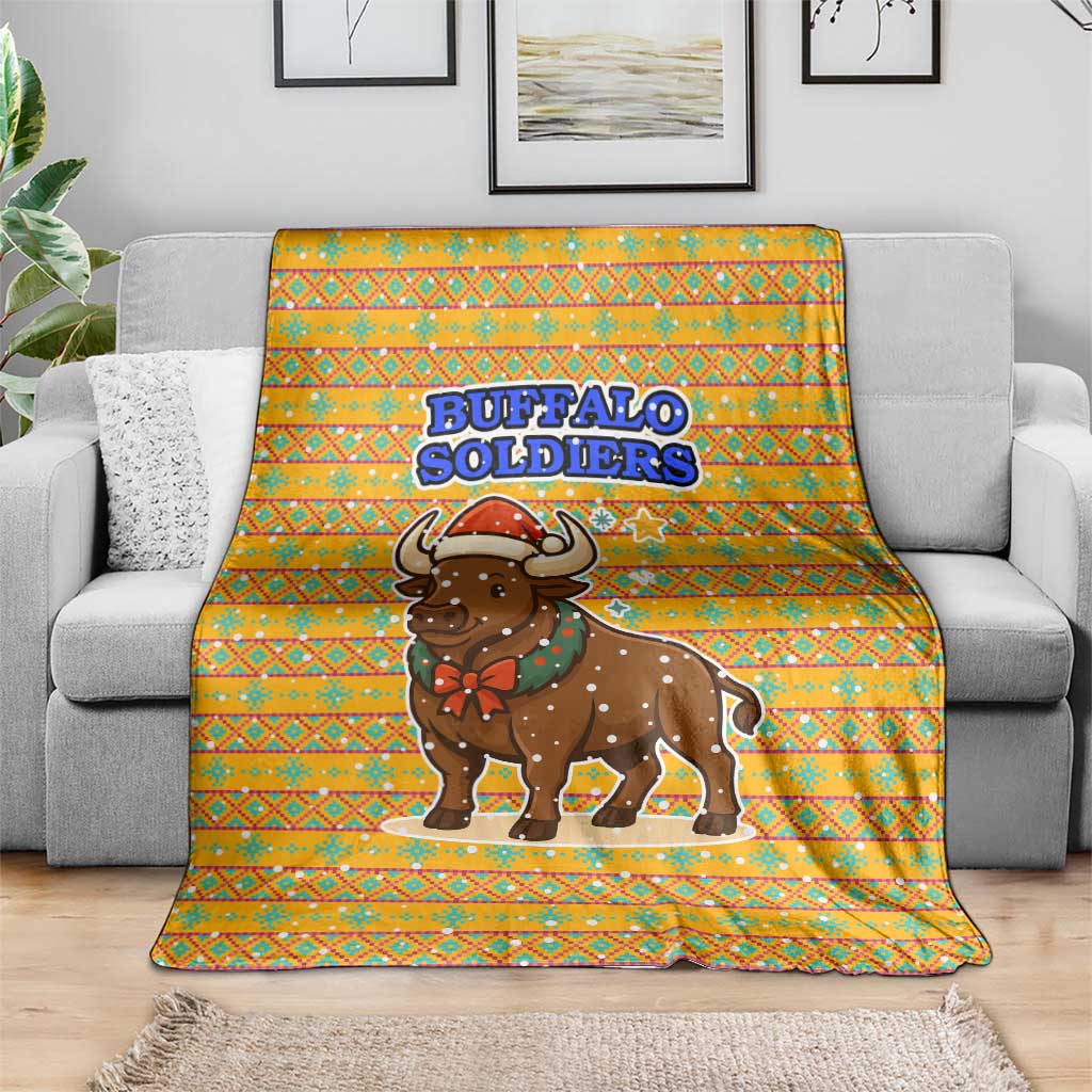 Buffalo Soldiers Christmas Blanket with Yellow Cartoon Buffalo Santa Hat Design - Wonder Print Shop