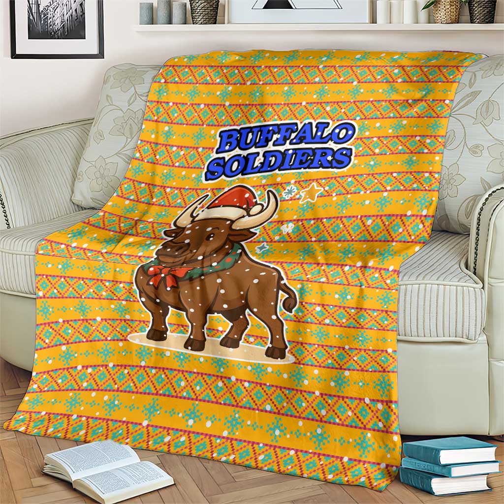 Buffalo Soldiers Christmas Blanket with Yellow Cartoon Buffalo Santa Hat Design - Wonder Print Shop