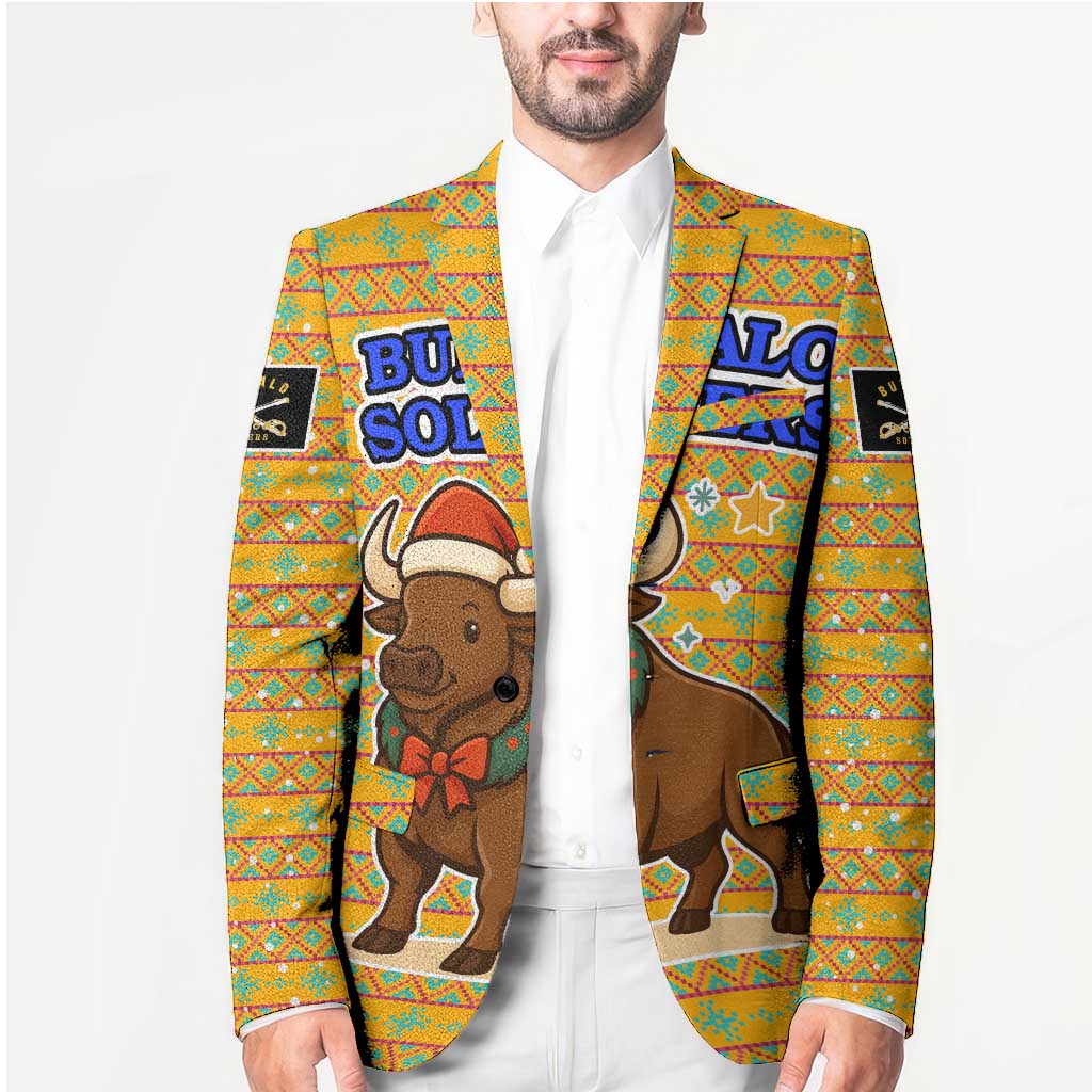 Buffalo Soldiers Christmas Blazer with Yellow Cartoon Buffalo Santa Hat Design - Wonder Print Shop