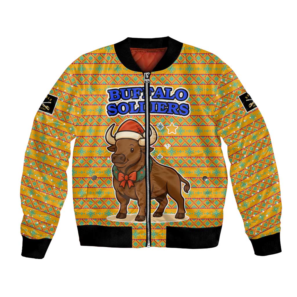 Buffalo Soldiers Christmas Bomber Jacket with Yellow Cartoon Buffalo Santa Hat Design - Wonder Print Shop