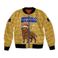 Buffalo Soldiers Christmas Bomber Jacket with Yellow Cartoon Buffalo Santa Hat Design - Wonder Print Shop