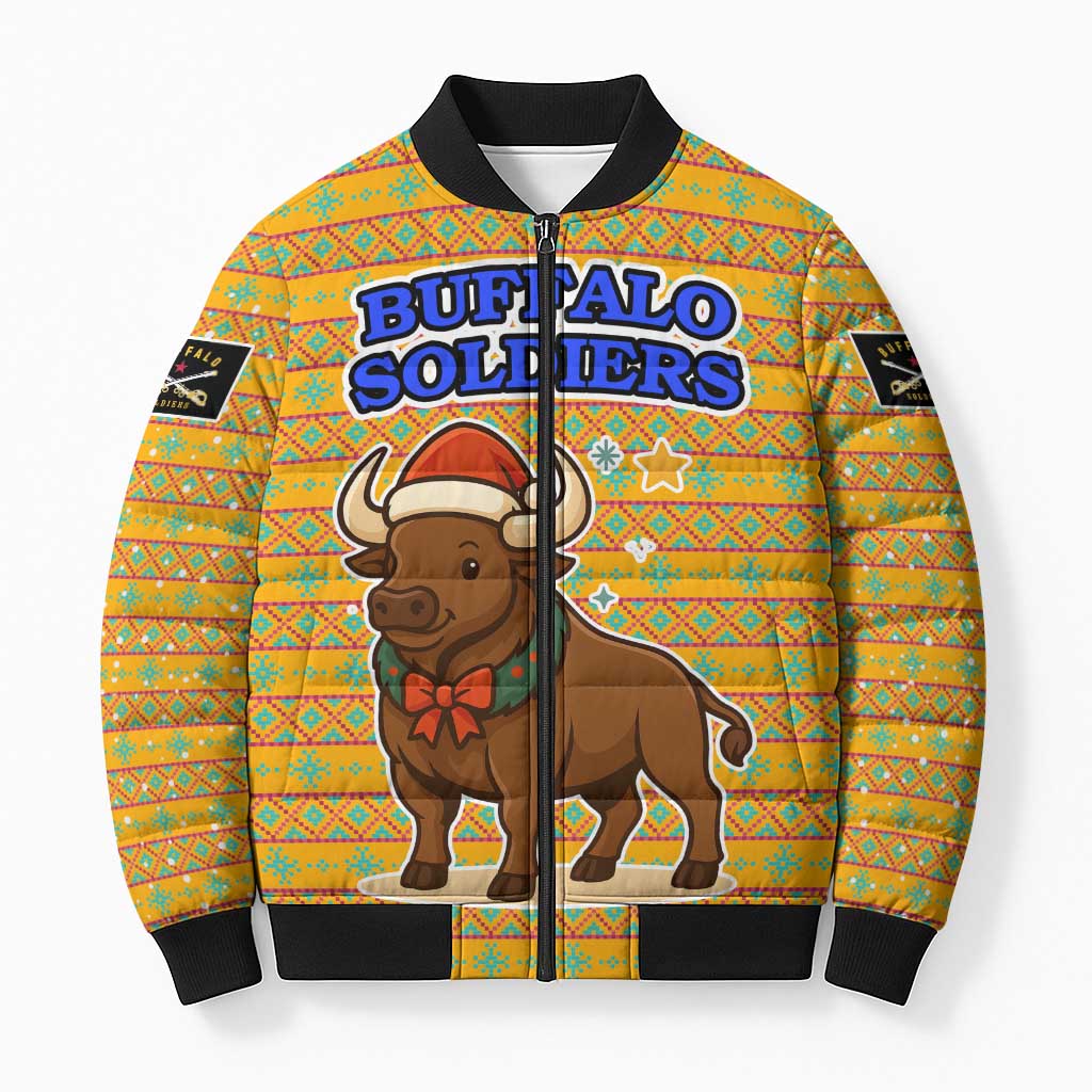 Buffalo Soldiers Christmas Bomber Puffer Jacket with Yellow Cartoon Buffalo Santa Hat Design - Wonder Print Shop
