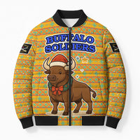 Buffalo Soldiers Christmas Bomber Puffer Jacket with Yellow Cartoon Buffalo Santa Hat Design - Wonder Print Shop
