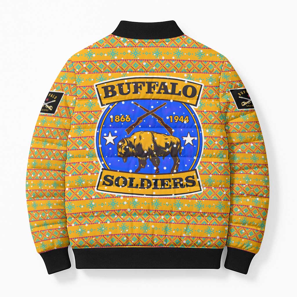 Buffalo Soldiers Christmas Bomber Puffer Jacket with Yellow Cartoon Buffalo Santa Hat Design - Wonder Print Shop