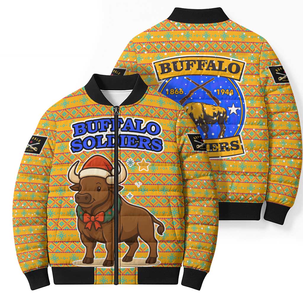 Buffalo Soldiers Christmas Bomber Puffer Jacket with Yellow Cartoon Buffalo Santa Hat Design - Wonder Print Shop