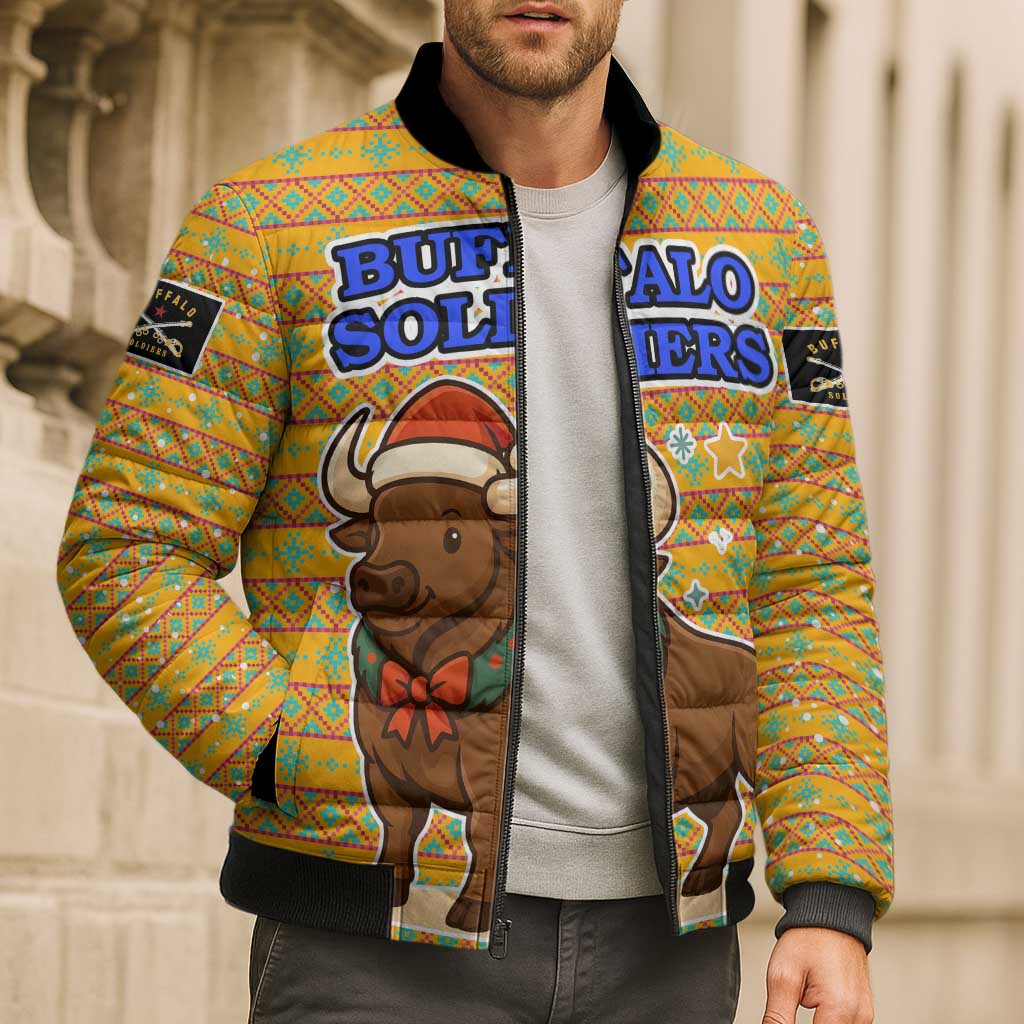 Buffalo Soldiers Christmas Bomber Puffer Jacket with Yellow Cartoon Buffalo Santa Hat Design - Wonder Print Shop